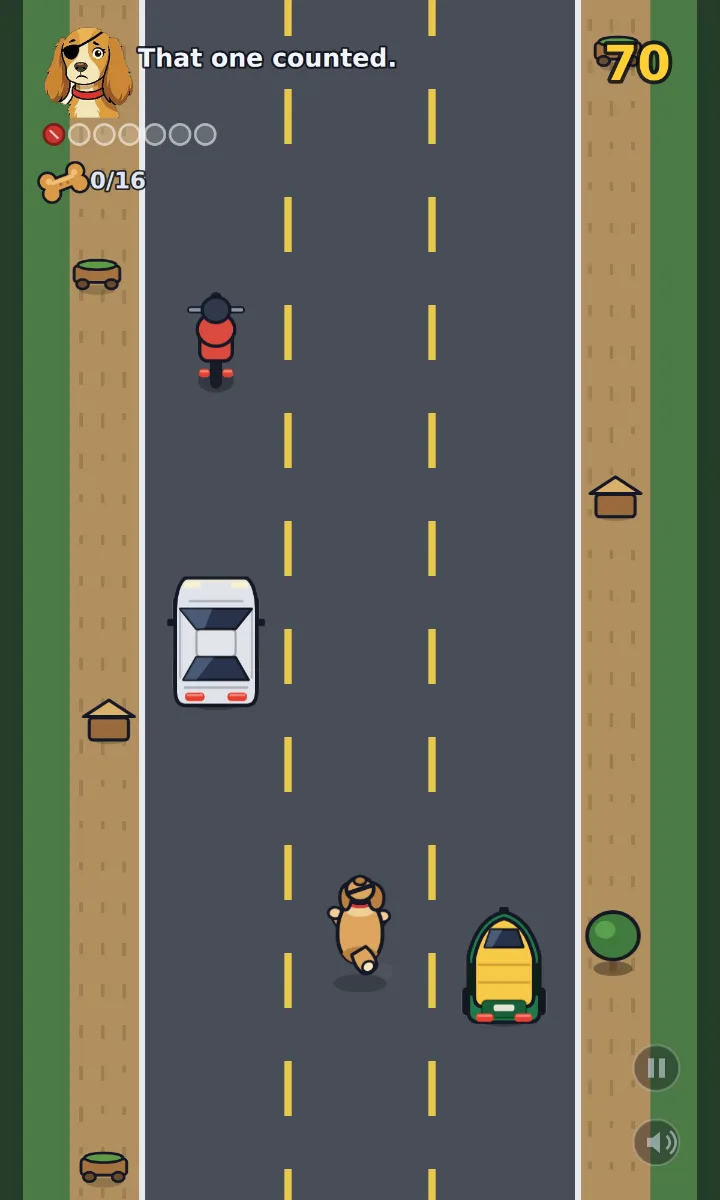 A top-down highway with buses, autos and a dog steering between lanes.